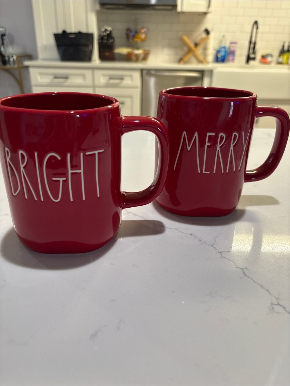 Rae Dunn Red Ceramic 'MERRY' & 'BRIGHT' Mug Set